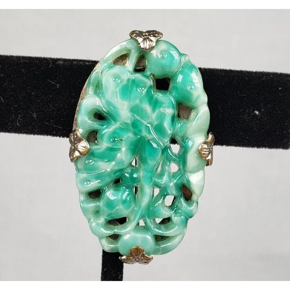 Vintage 1900 - 1920 Art Deco Carved Butterfly Jadeite Jade Silver Tone Brooch - Picture 6 of 14